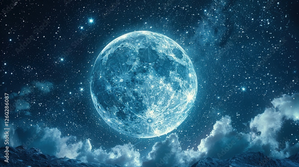 Obraz premium Blue full moon dominates the starry night sky, surrounded by bright stars and soft clouds. The moon's bright light reflects off the distant mountains, creating a sense of tranquility and vastness.