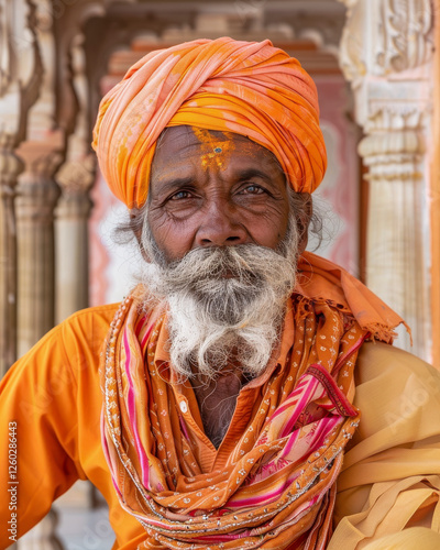Obraz na płótnie Potrait eines Inders mit Bart in traditioneller Kleidung, Rajasthan, Indien, Generative AI w salonie