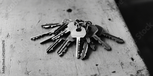 A beautiful cluster of vintage keys is artfully arranged on a rustic wooden surface