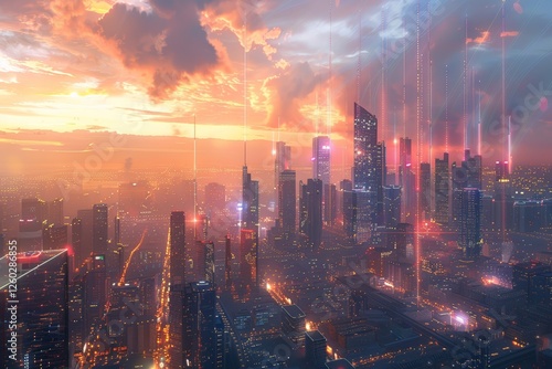 Wallpaper Mural Expansive urban skyline at dusk with vibrant energy-efficient lighting and streaming lights symbolizing PM 2.5 pollution control technology integrated into modern city design. Torontodigital.ca