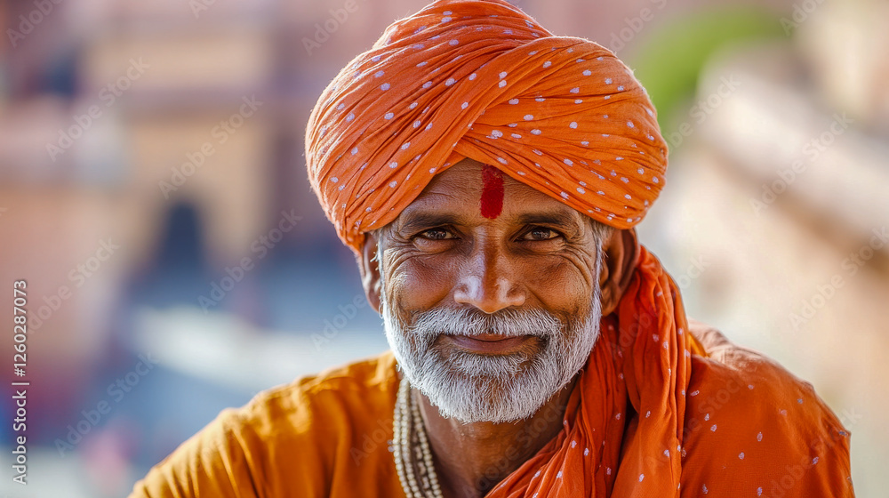 Potrait eines Inders mit Bart in traditioneller Kleidung, Rajasthan, Indien, Generative AI