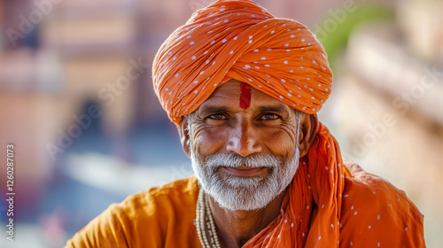 Obraz na płótnie Potrait eines Inders mit Bart in traditioneller Kleidung, Rajasthan, Indien, Generative AI w salonie