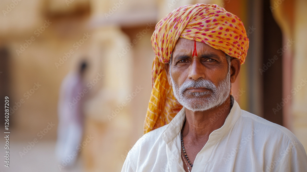 Potrait eines Inders mit Bart in traditioneller Kleidung, Rajasthan, Indien, Generative AI