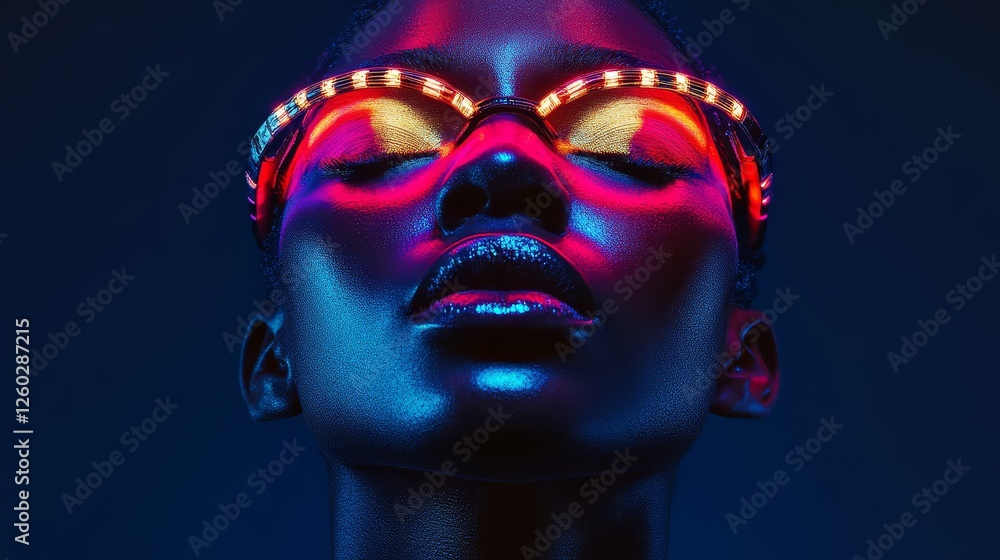 Luminous portrait of a woman with futuristic eyewear bathed in neon lights Luminous portrait of a woman with futuristic eyewear bathed in neon lights