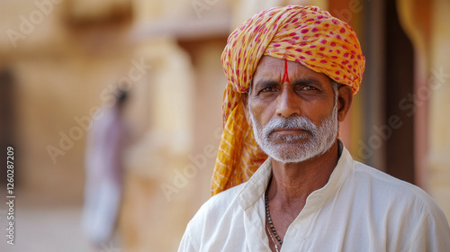 Obraz na płótnie Potrait eines Inders mit Bart in traditioneller Kleidung, Rajasthan, Indien, Generative AI w salonie