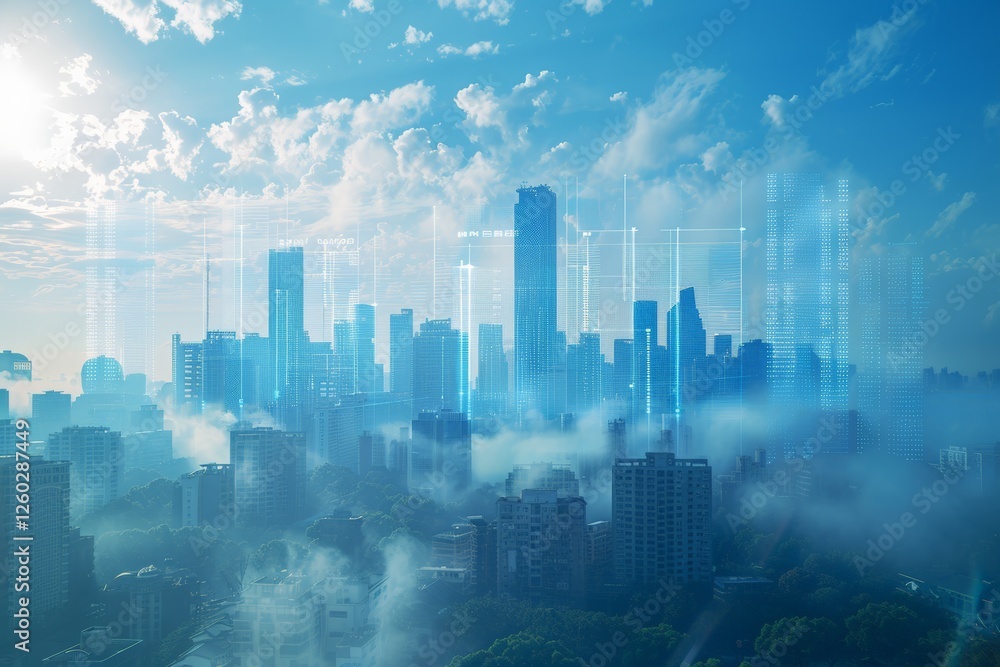 Digital holographic overlays highlight city skyline engulfed in light fog, symbolizing technological advancements addressing air quality and urban health challenges, with blue sky and sunlight. Digital holographic overlays highlight city skyline engulfed in light fog, symbolizing technological advancements addressing air quality and urban health challenges, with blue sky and sunlight.