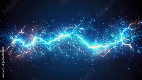 Electric lightning energy streaks powerfully, displaying dynamic voltage and bright blue charge. Sparks and bolts highlight the electric nature. Abstract style makes it ideal for science or photo