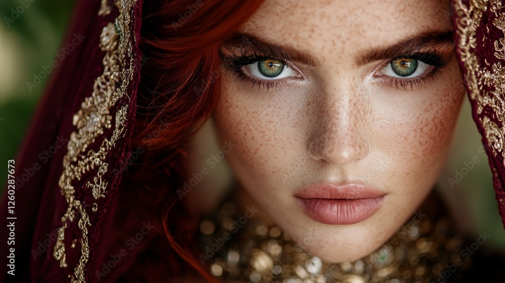a woman with red hair and freckles wearing a maroon and gold dress, set against a blurred background a woman with red hair and freckles wearing a maroon and gold dress, set against a blurred background