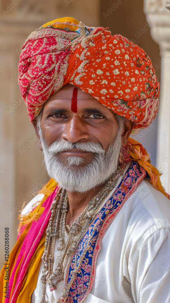 Potrait eines Inders mit Bart in traditioneller Kleidung, Rajasthan, Indien, Generative AI