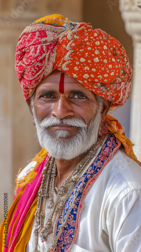 Obraz na płótnie Potrait eines Inders mit Bart in traditioneller Kleidung, Rajasthan, Indien, Generative AI w salonie
