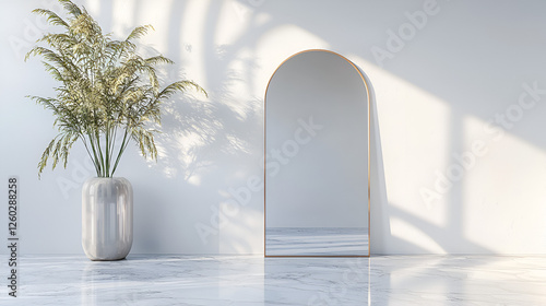 Modern interior featuring an arched mirror and a vase with ornamental grass, bathed in soft sunlight creating shadows.
