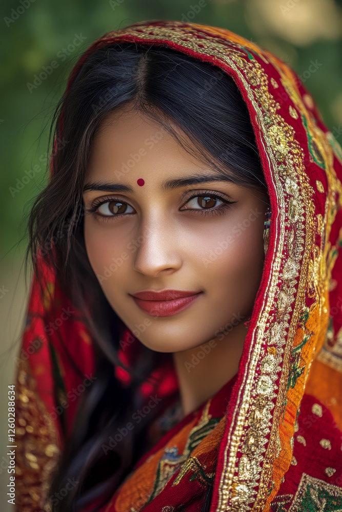 Potrait einer jungen schönen Inderin in traditioneller Kleidung, Rajasthan, Indien, Generative AI