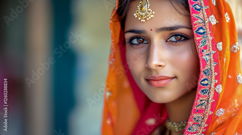 Obraz na płótnie Potrait einer jungen schönen Inderin in traditioneller Kleidung, Rajasthan, Indien, Generative AI w salonie