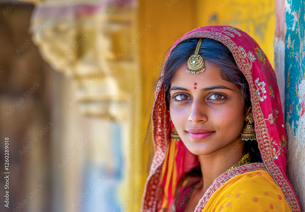 Potrait einer jungen schönen Inderin in traditioneller Kleidung, Rajasthan, Indien, Generative AI