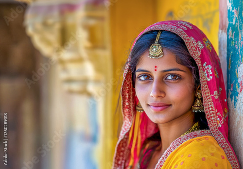 Obraz na płótnie Potrait einer jungen schönen Inderin in traditioneller Kleidung, Rajasthan, Indien, Generative AI w salonie