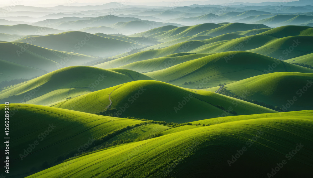 Scenic Rolling Green Hills Landscape with Lush Fields and Natural Sunlight. Scenic Rolling Green Hills Landscape with Lush Fields and Natural Sunlight.