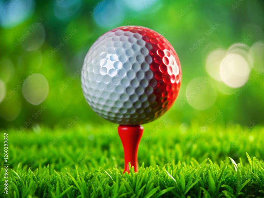 Golf Ball and Red Tee on Green Grass - Ready for Tee Off Golf Ball and Red Tee on Green Grass - Ready for Tee Off