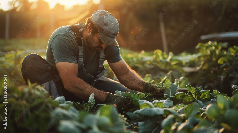 Professional produce picker working in garden at sunset Professional produce picker working in garden at sunset