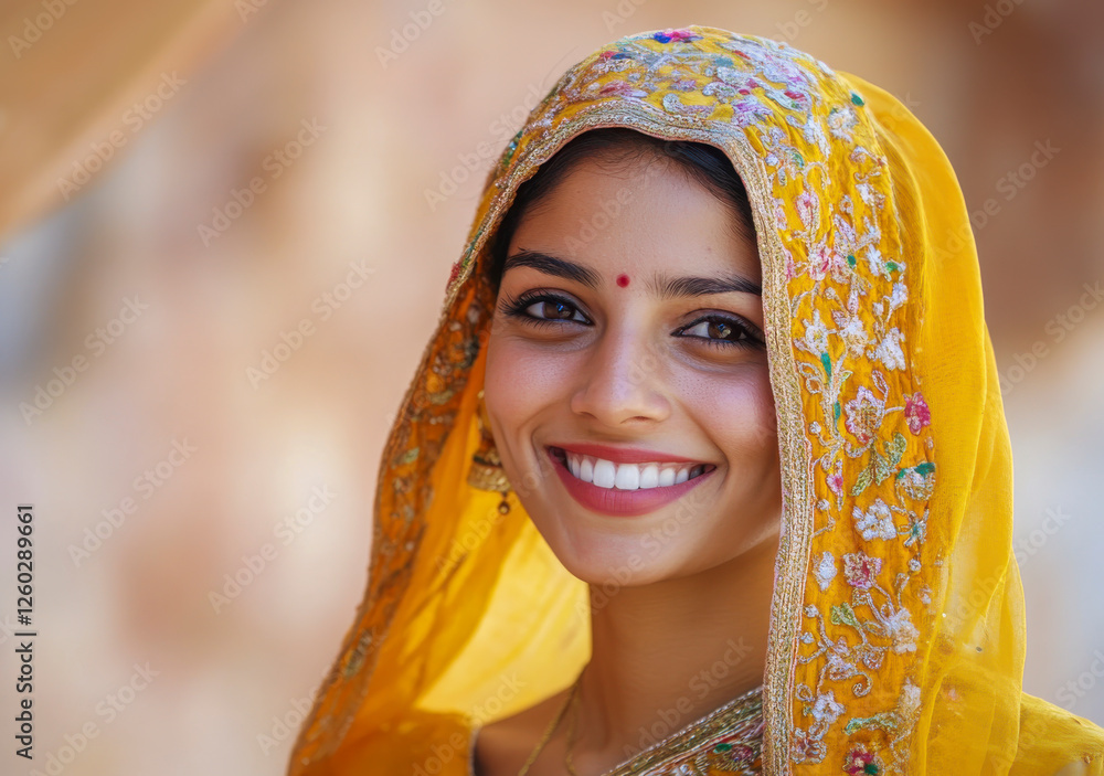 Potrait einer jungen schönen Inderin in traditioneller Kleidung, Rajasthan, Indien, Generative AI