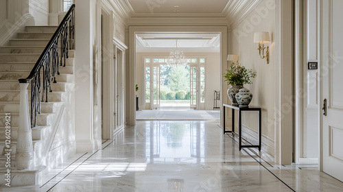Elegant entryway with marble floors, staircase, and view to a garden through open doors showcasing natural light.