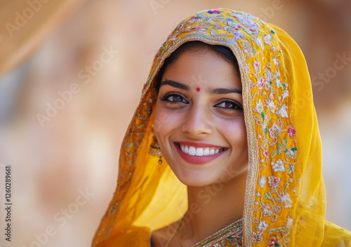 Obraz na płótnie Potrait einer jungen schönen Inderin in traditioneller Kleidung, Rajasthan, Indien, Generative AI w salonie