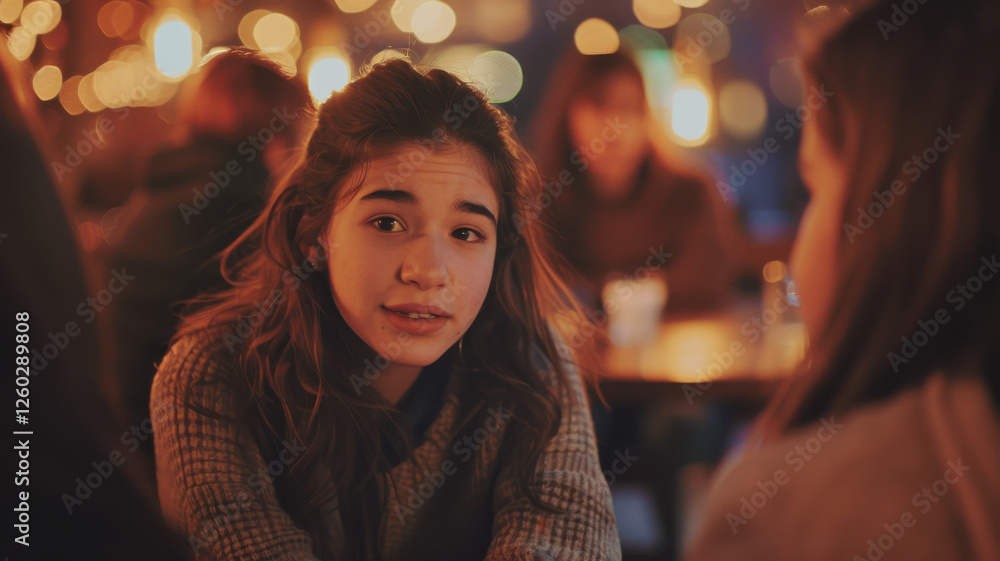 Sharing feelings in cozy cafe setting with warm lights Sharing feelings in cozy cafe setting with warm lights
