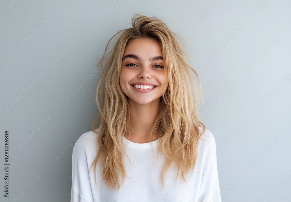 Fototapeta premium Portrait of a young blonde woman wearing a long-sleeved white top, isolated against a light grey background, captured in a professional photo studio setting with soft, natural lighting.