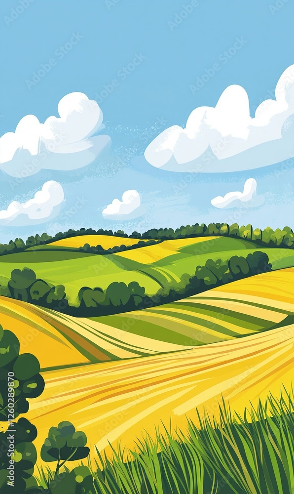 Rolling hills with harvested fields under a summer sky Rolling hills with harvested fields under a summer sky