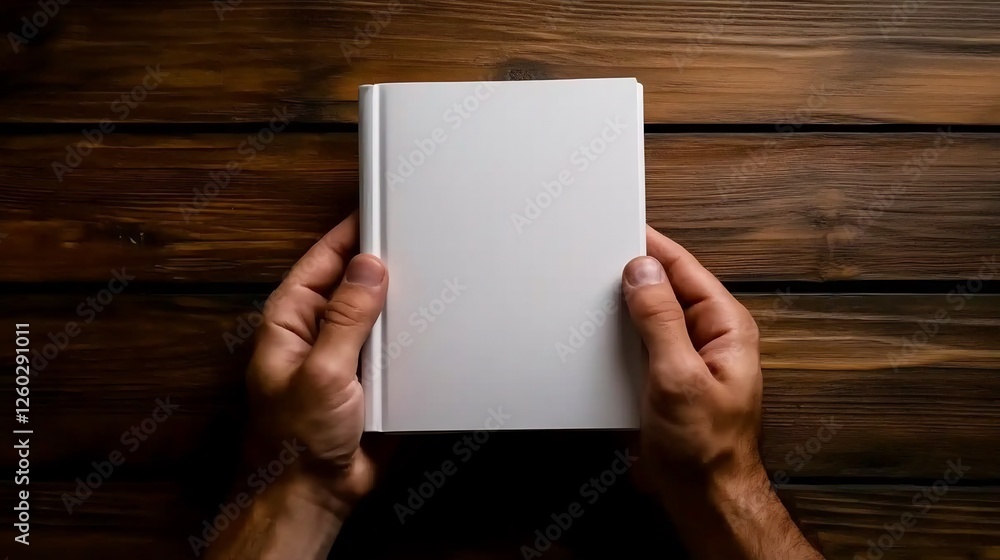 Close-up of hands gently holding a blank hardcover book mockup on wooden surface Close-up of hands gently holding a blank hardcover book mockup on wooden surface