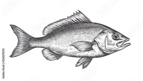Fish sketch dorado gilt-head bream. Vintage retro print, black white gilt-head bream fish sketch ink pencil style drawing, linear drawing, engrave old school. Sketch artwork dorado fish. Illustration