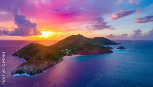 Tropical island sunset aerial view photo