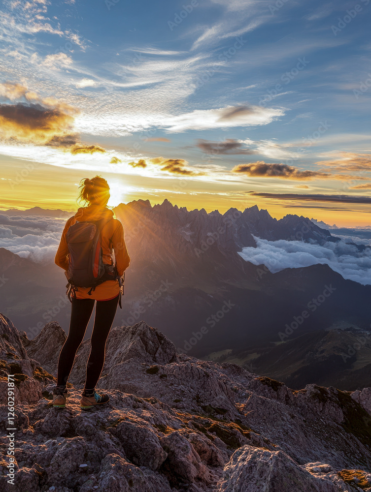 Sportliche junge Frau blickt von einem Berggipfel ins Tal, Abendlicht, Sonnenuntergang, Generative AI