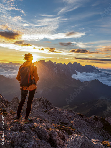 Obraz na płótnie Sportliche junge Frau blickt von einem Berggipfel ins Tal, Abendlicht, Sonnenuntergang, Generative AI w salonie
