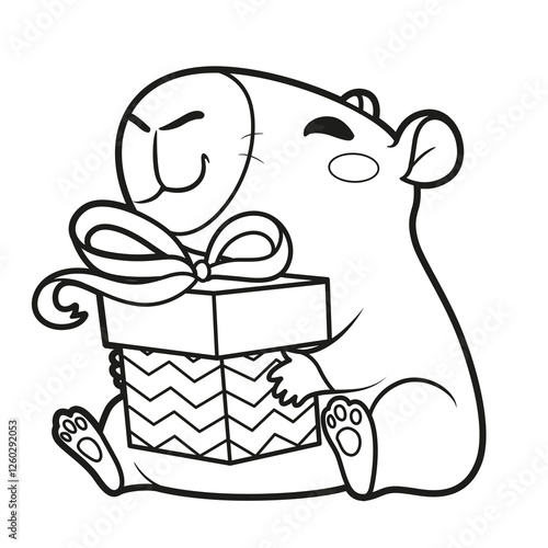 Cute cartoon capybara sit with a big gift box outlined for coloring page on white background