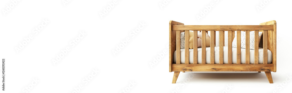 Modern wooden baby crib in a minimalist design on a white background for nursery decor. Header banner mockup with copy space. Modern wooden baby crib in a minimalist design on a white background for nursery decor. Header banner mockup with copy space.