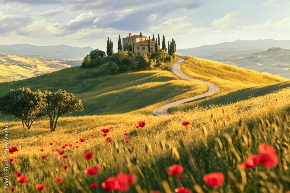 Hügelige Landschaft in der Toskana mit roten Mohnblumen im Vordergrund, ein Haus umgeben von Zypressen steht auf einem Hügel im Abendlicht, Italien, Generative AI