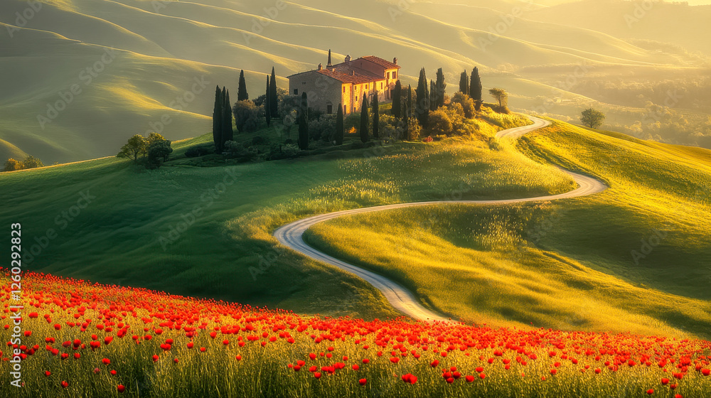 Hügelige Landschaft in der Toskana mit roten Mohnblumen im Vordergrund, ein Haus umgeben von Zypressen steht auf einem Hügel im Abendlicht, Italien, Generative AI