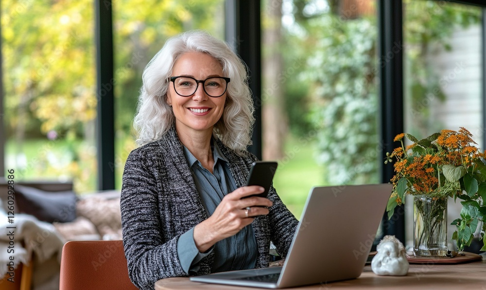 Smiling woman with phone and laptop working from home office with garden view