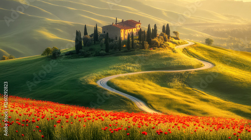 Obraz na płótnie Hügelige Landschaft in der Toskana mit roten Mohnblumen im Vordergrund, ein Haus umgeben von Zypressen steht auf einem Hügel im Abendlicht, Italien, Generative AI w salonie