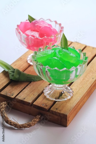 Manisan Kolang-Kaling, or preserved sugar palm fruit with red color, Indonesian drink and dessert during the month of Ramadan
