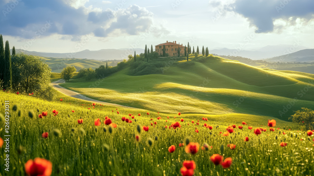 Hügelige Landschaft in der Toskana mit roten Mohnblumen im Vordergrund, ein Haus umgeben von Zypressen steht auf einem Hügel im Abendlicht, Italien, Generative AI Hügelige Landschaft in der Toskana mit roten Mohnblumen im Vordergrund, ein Haus umgeben von Zypressen steht auf einem Hügel im Abendlicht, Italien, Generative AI