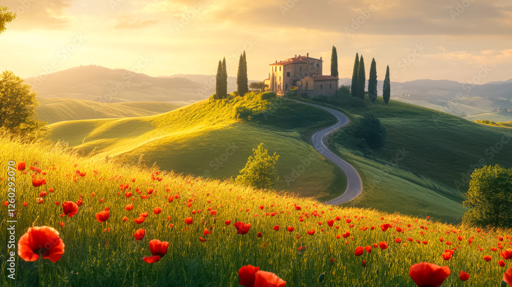 Hügelige Landschaft in der Toskana mit roten Mohnblumen im Vordergrund, ein Haus umgeben von Zypressen steht auf einem Hügel im Abendlicht, Italien, Generative AI