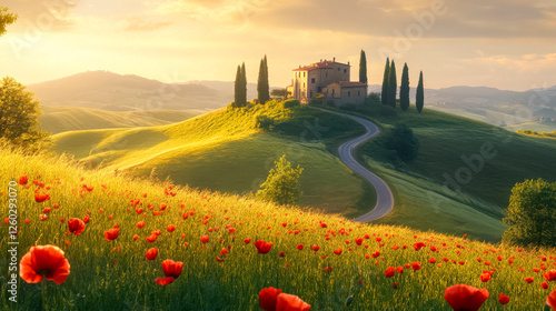 Obraz na płótnie Hügelige Landschaft in der Toskana mit roten Mohnblumen im Vordergrund, ein Haus umgeben von Zypressen steht auf einem Hügel im Abendlicht, Italien, Generative AI w salonie