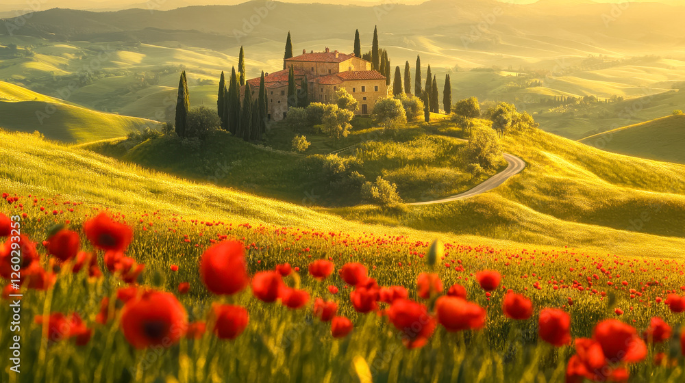 Hügelige Landschaft in der Toskana mit roten Mohnblumen im Vordergrund, ein Haus umgeben von Zypressen steht auf einem Hügel im Abendlicht, Italien, Generative AI
