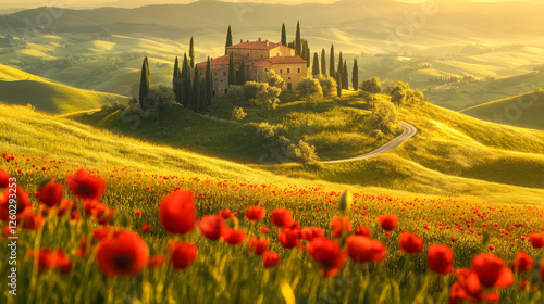 Obraz na płótnie Hügelige Landschaft in der Toskana mit roten Mohnblumen im Vordergrund, ein Haus umgeben von Zypressen steht auf einem Hügel im Abendlicht, Italien, Generative AI w salonie