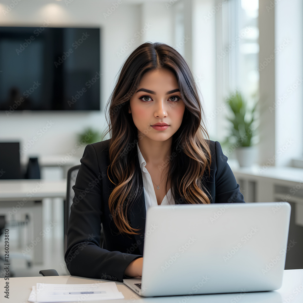 Naklejka premium A Hispanic professional sitting at a desk, looking at a laptop screen with a serious and focused expression. The modern office setting includes a clean workspace and soft lighting.