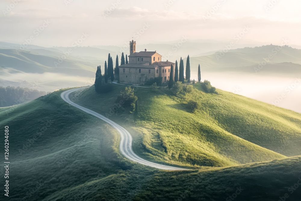 Hügelige Landschaft in der Toskana mit einem Haus umgeben von Zypressen auf einem Hügel am Morgen, Morgennebel, Italien, Generative AI
