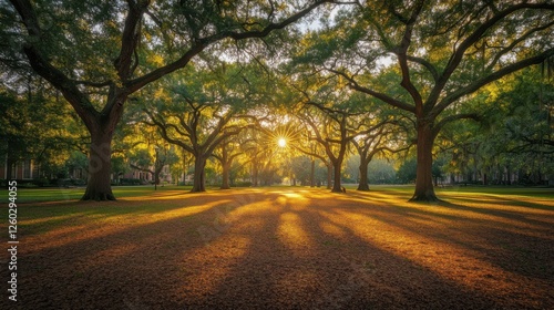 sunrise through oaks college campus path