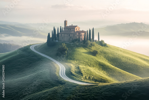 Obraz na płótnie Hügelige Landschaft in der Toskana mit einem Haus umgeben von Zypressen auf einem Hügel am Morgen, Morgennebel, Italien, Generative AI w salonie