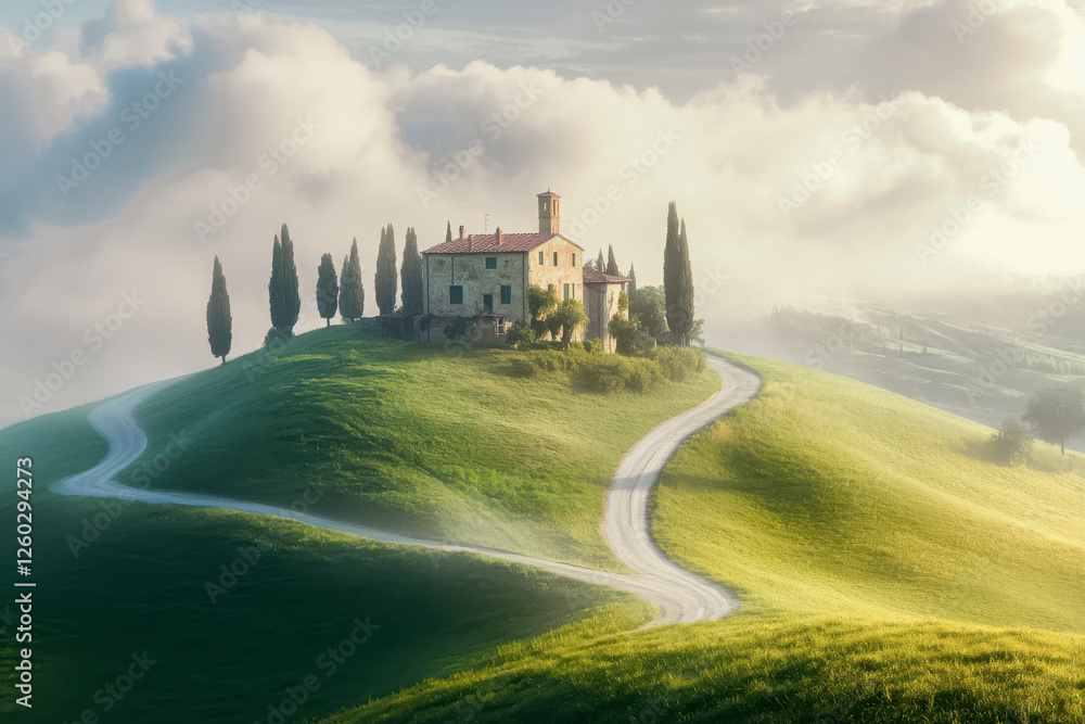 Hügelige Landschaft in der Toskana mit einem Haus umgeben von Zypressen auf einem Hügel am Morgen, Morgennebel, Italien, Generative AI